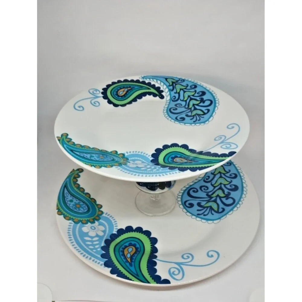 Royal Norfolk Blue Paisley Two-Tier Serving Tray Ceramic Hand Crafted 6